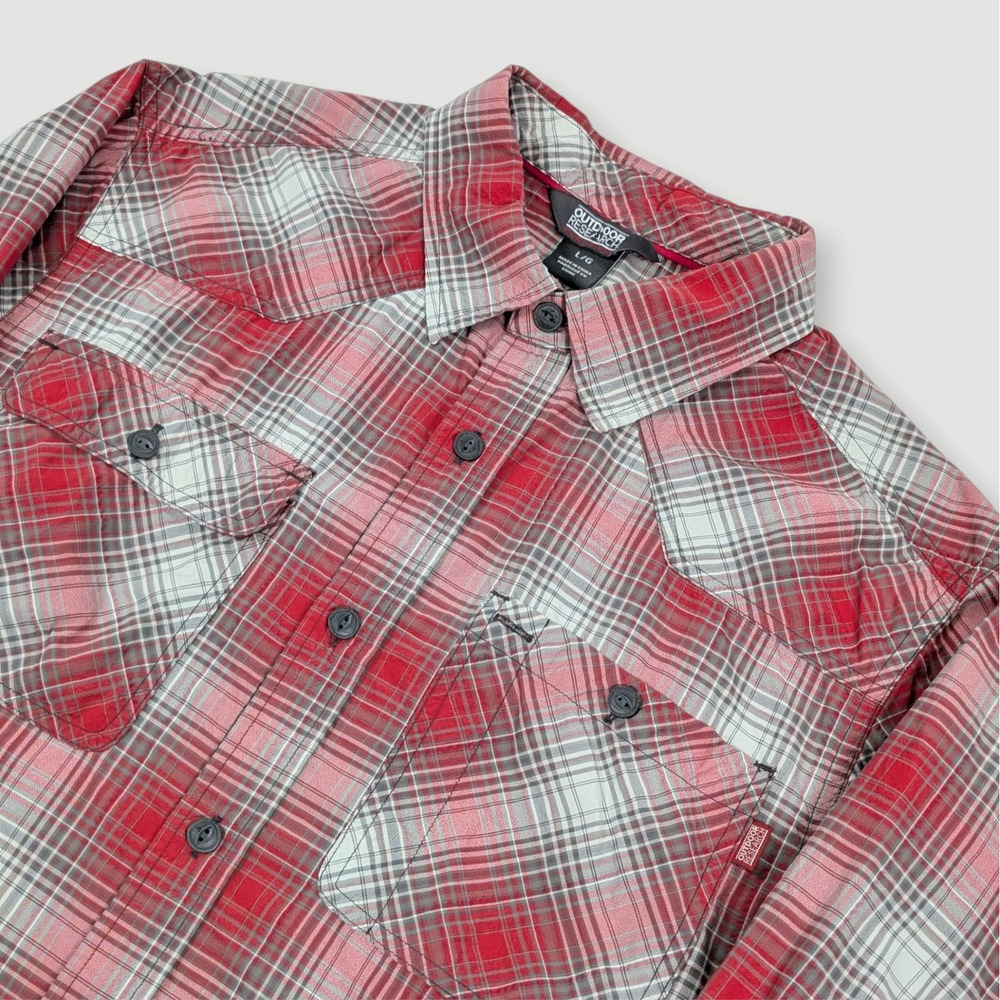 Outdoor Research Growler Shirt Mens L Large Red Plaid Hiking Utility Gorp